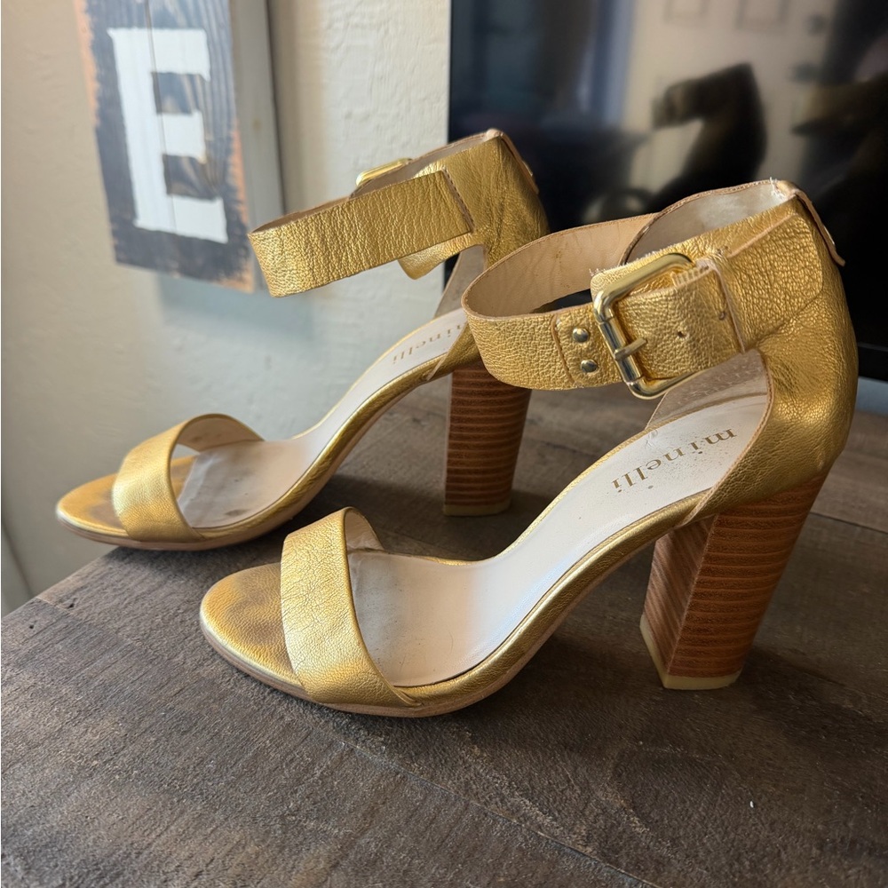 Minelli Gold Leather Ankle Strap Heels